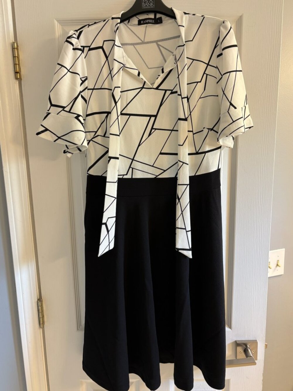 Ranphee Colorblock Dress Black White Geometric Tie Neck A-Line Size L